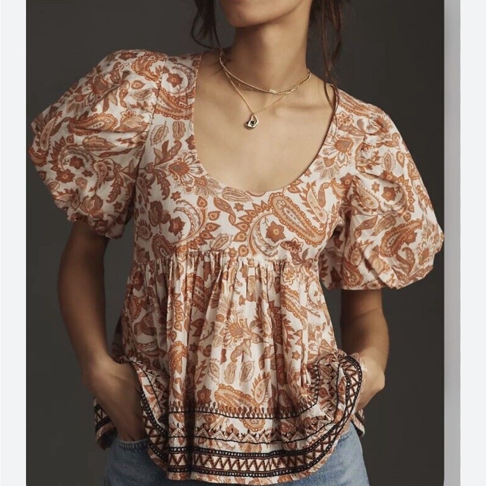 Anthropologie Floral Puff Sleeve Top - Brown